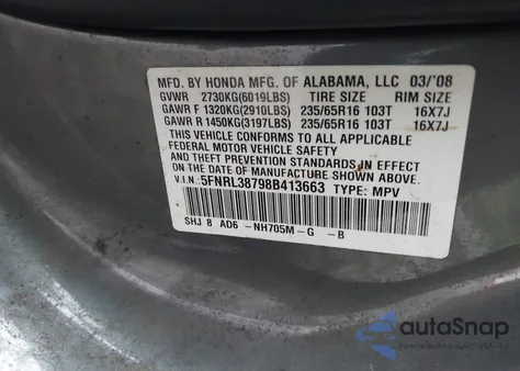 2008 Honda Odyssey Ex-L from USA, damaged, VIN 5FNRL38798B413663